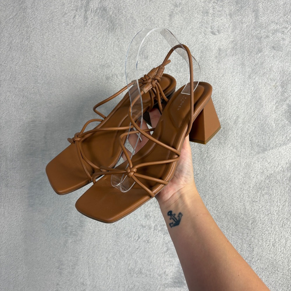 Marc Fisher LTD Calynda Strappy Block Heel Sandals Tan Square Toe Womens 9.5 M